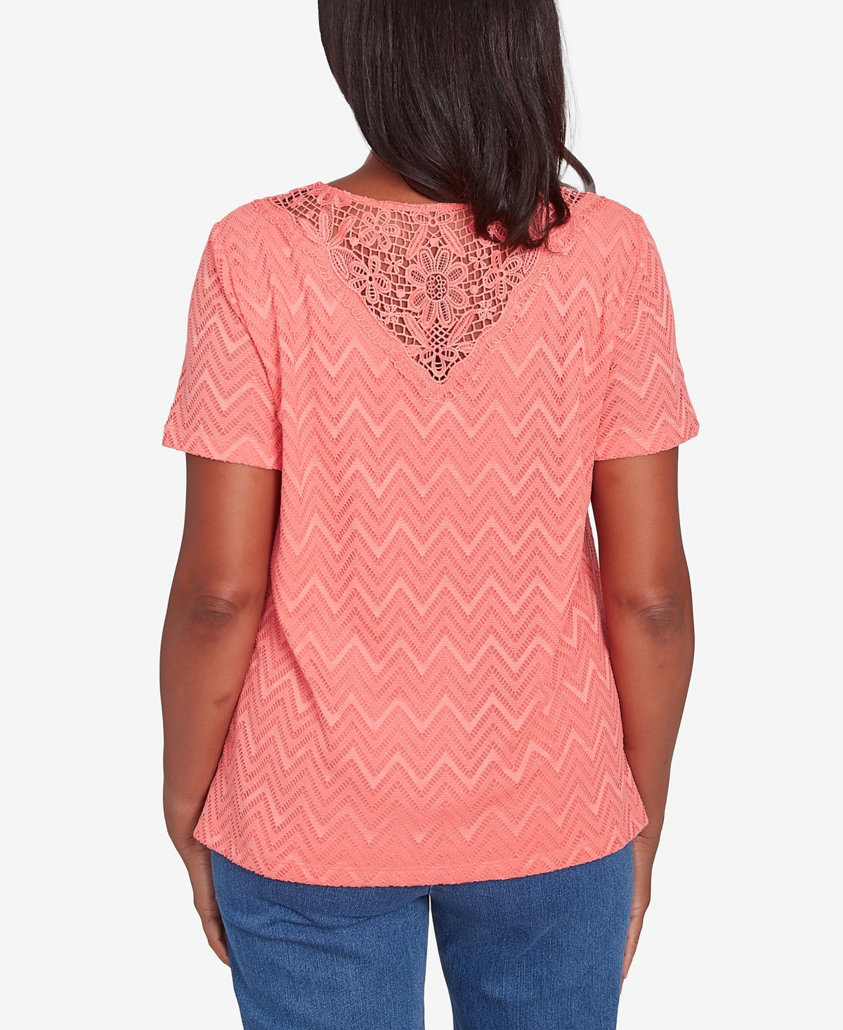 Alfred Dunner Petite Classics Textured Chevron Lace Back T-shirt In Coral