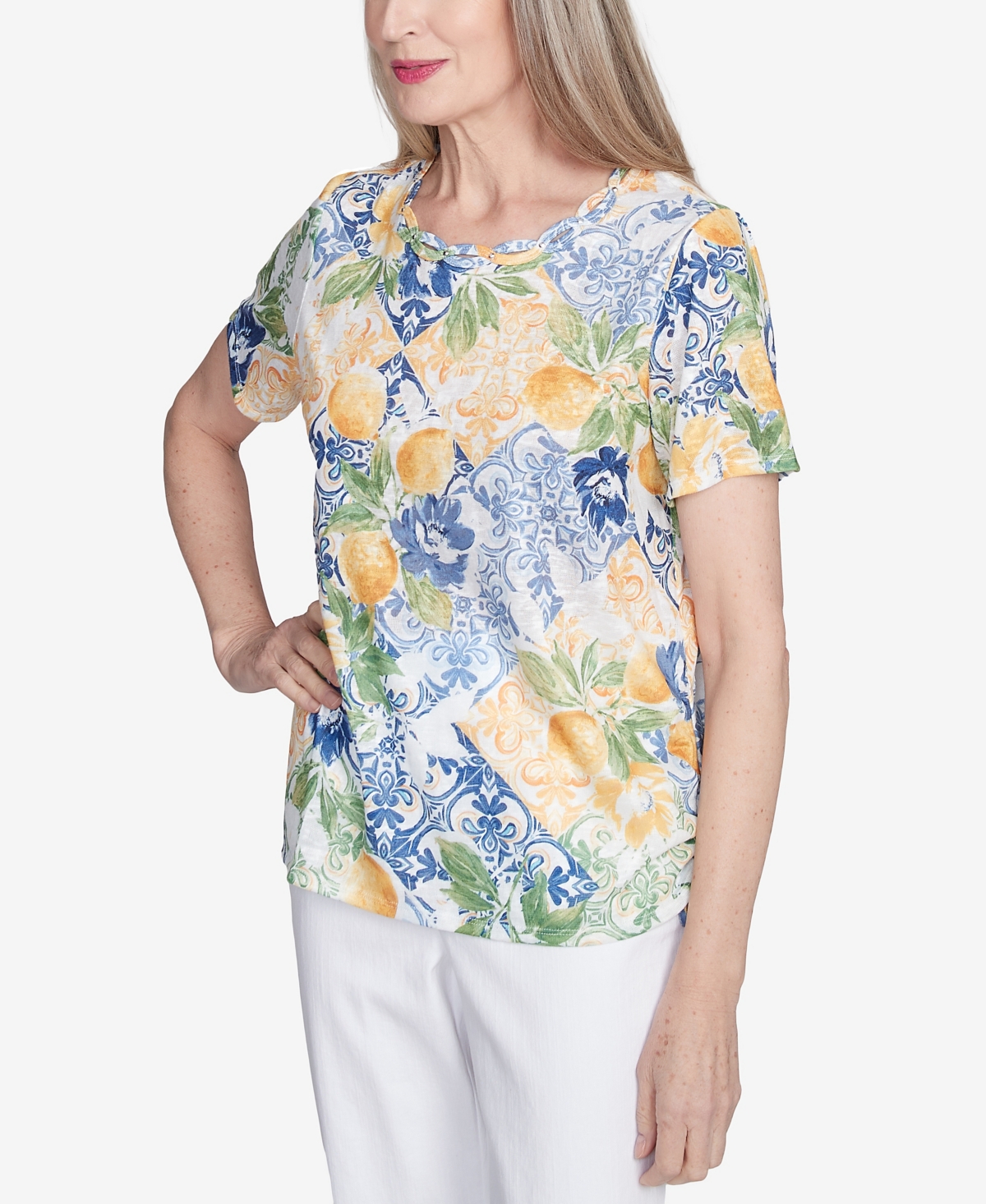 Alfred Dunner Plus Size Pleated Neck Lemons Short Sleeve Top In Yellow