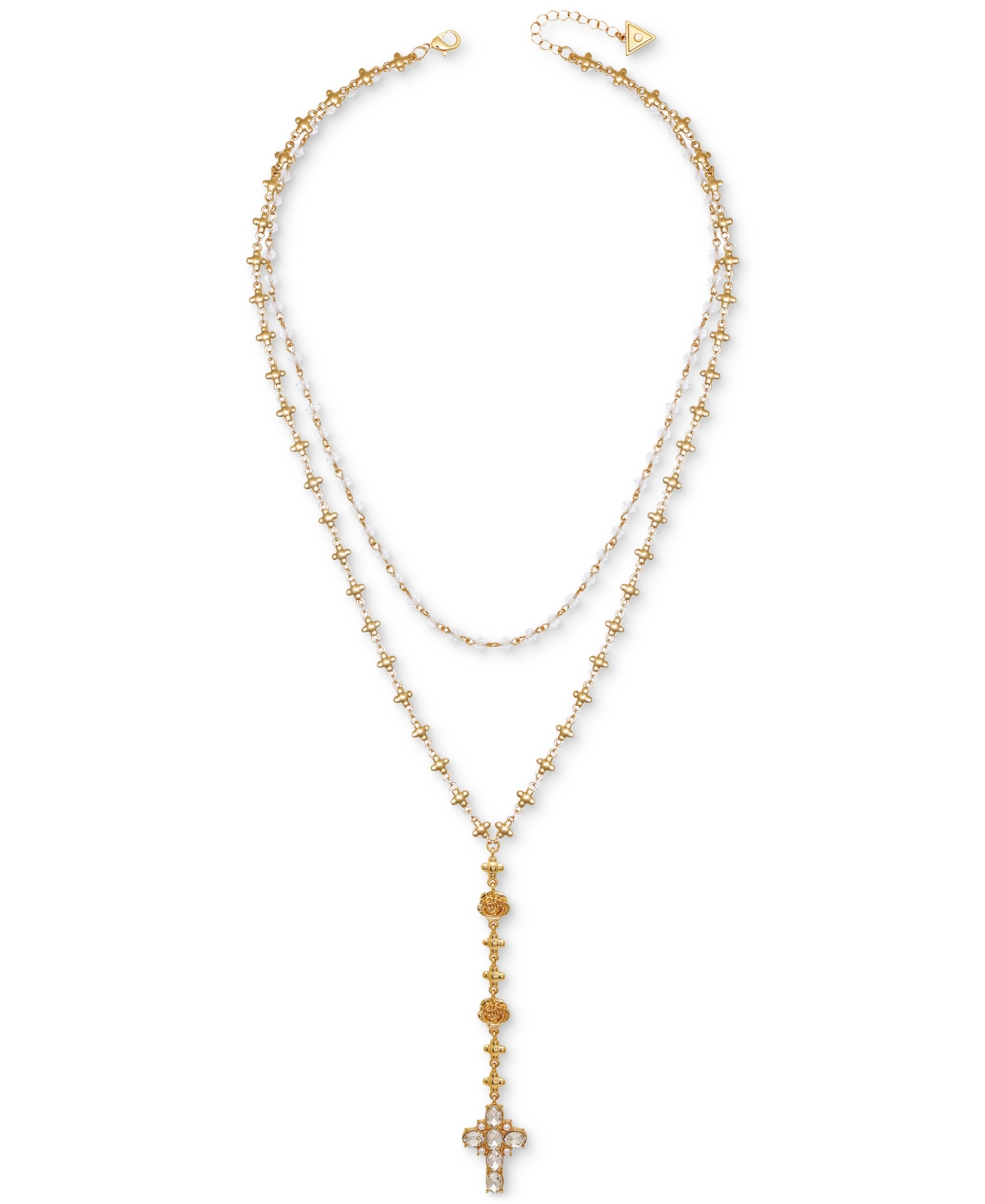 Color Stone & Imitation Pearl Cross Layered Lariat Necklace, 24" + 2" extender - Rose Gold/Pink
