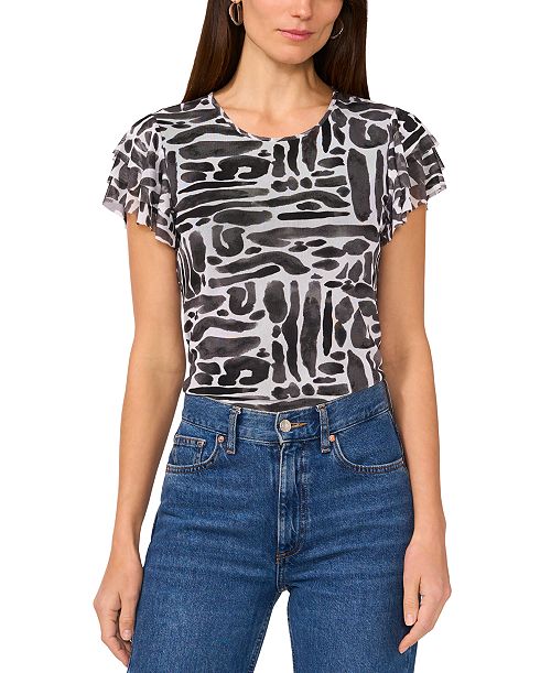 alfani Vince Camuto Women's Printed Flutter-Sleeve Top Women's Fashion Shoes & Accessories