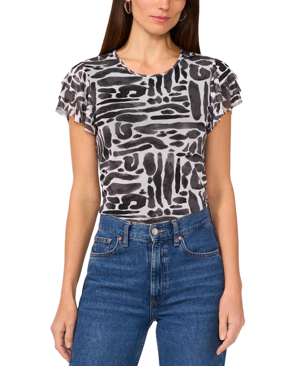 Shop Vince Camuto Women's Printed Flutter-sleeve Top In Lucent White