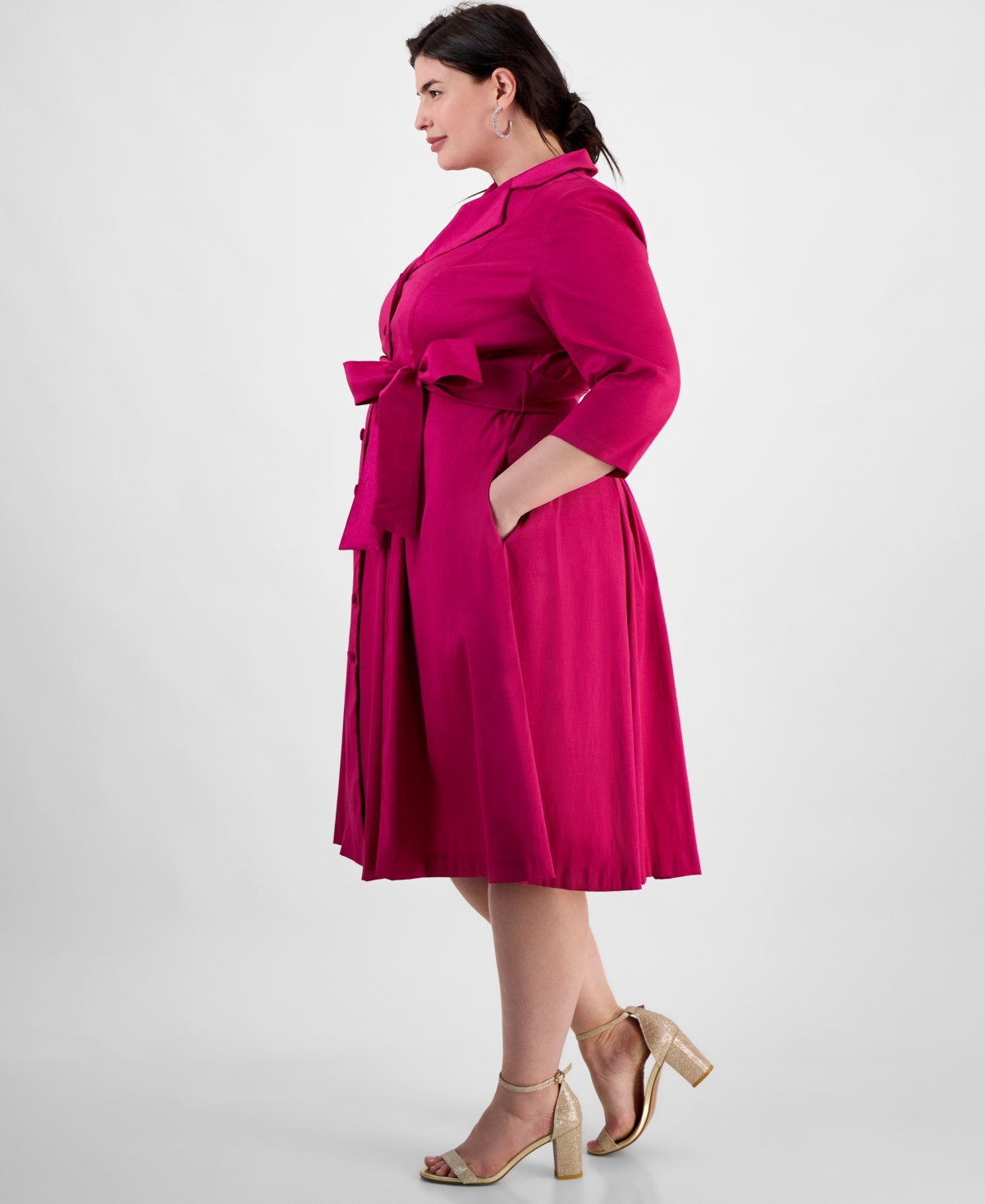 Alex Evenings Plus Size Notched Collar 3/4-sleeve Shirtdress In Magenta