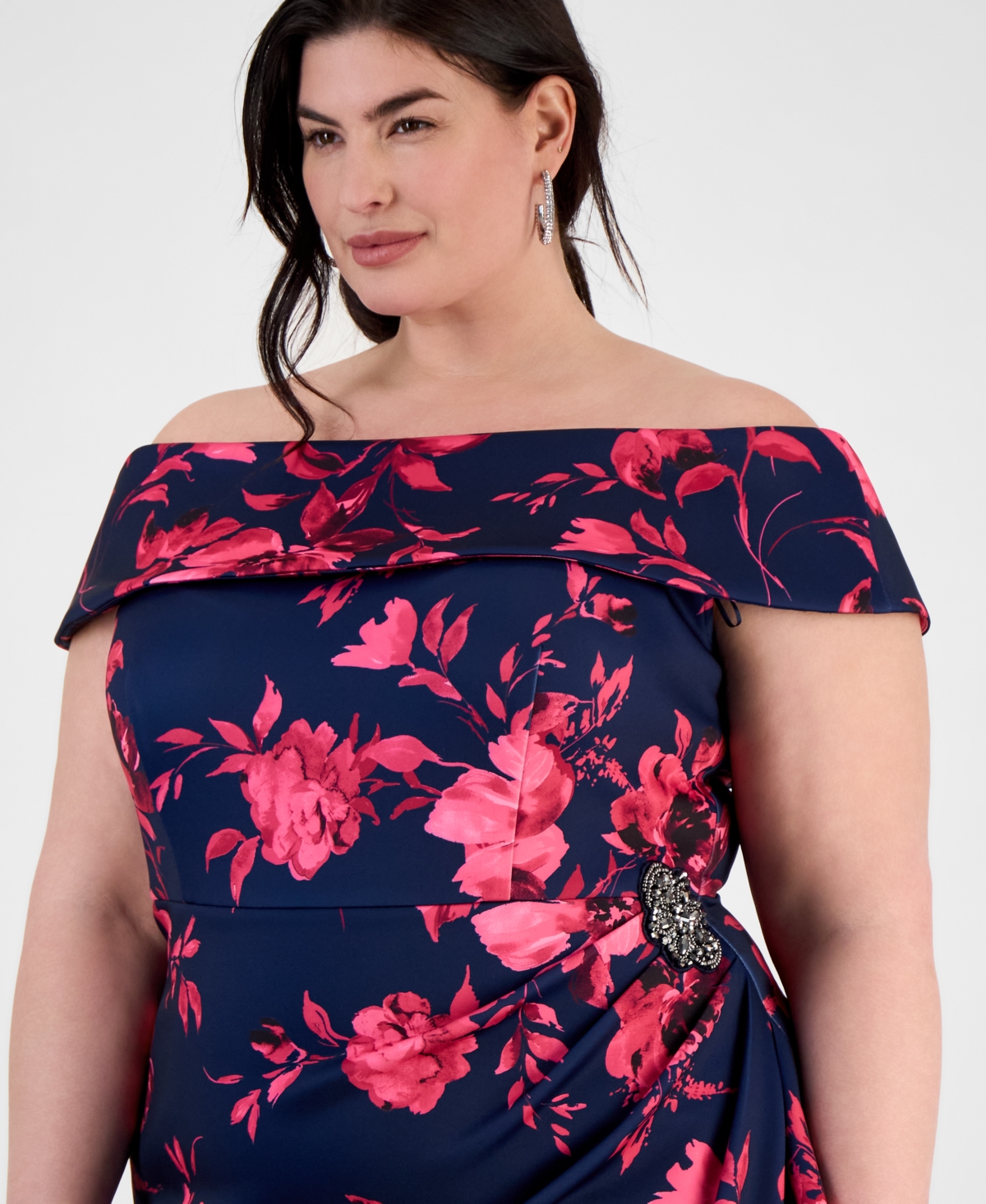 Alex Evenings Plus Size Floral Print Off-the-shoulder Sheath Dress In Navy,fuschia