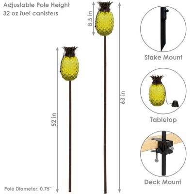 Outdoor Adjustable Height 3-in-1 Glass Pineapple Torch Set with Snuffers and Metal Poles, 2-Pack