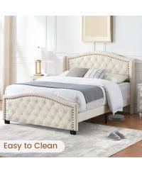 King Size Bed Upholstered Platform Bed Frame with Tall Headboard 47.2"