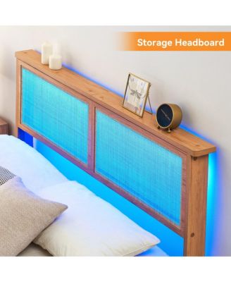 Full Size Bed Frame with Natural Rattan Headboard & Integrated LED Lights