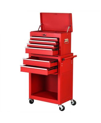 2 in 1 Rolling Cabinet Storage Chest Box Garage Toolbox Organizer w/ 6 Drawers