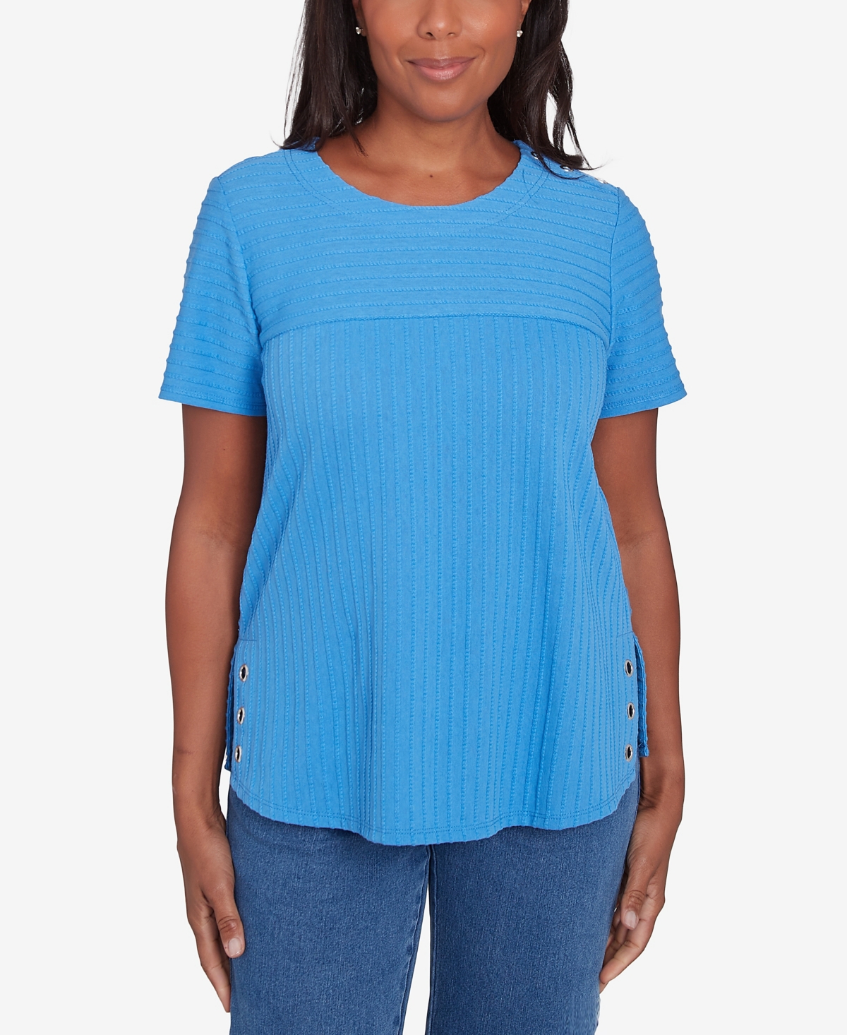 Alfred Dunner Petite Classics Solid Textured Short Sleeve T-shirt In Azure