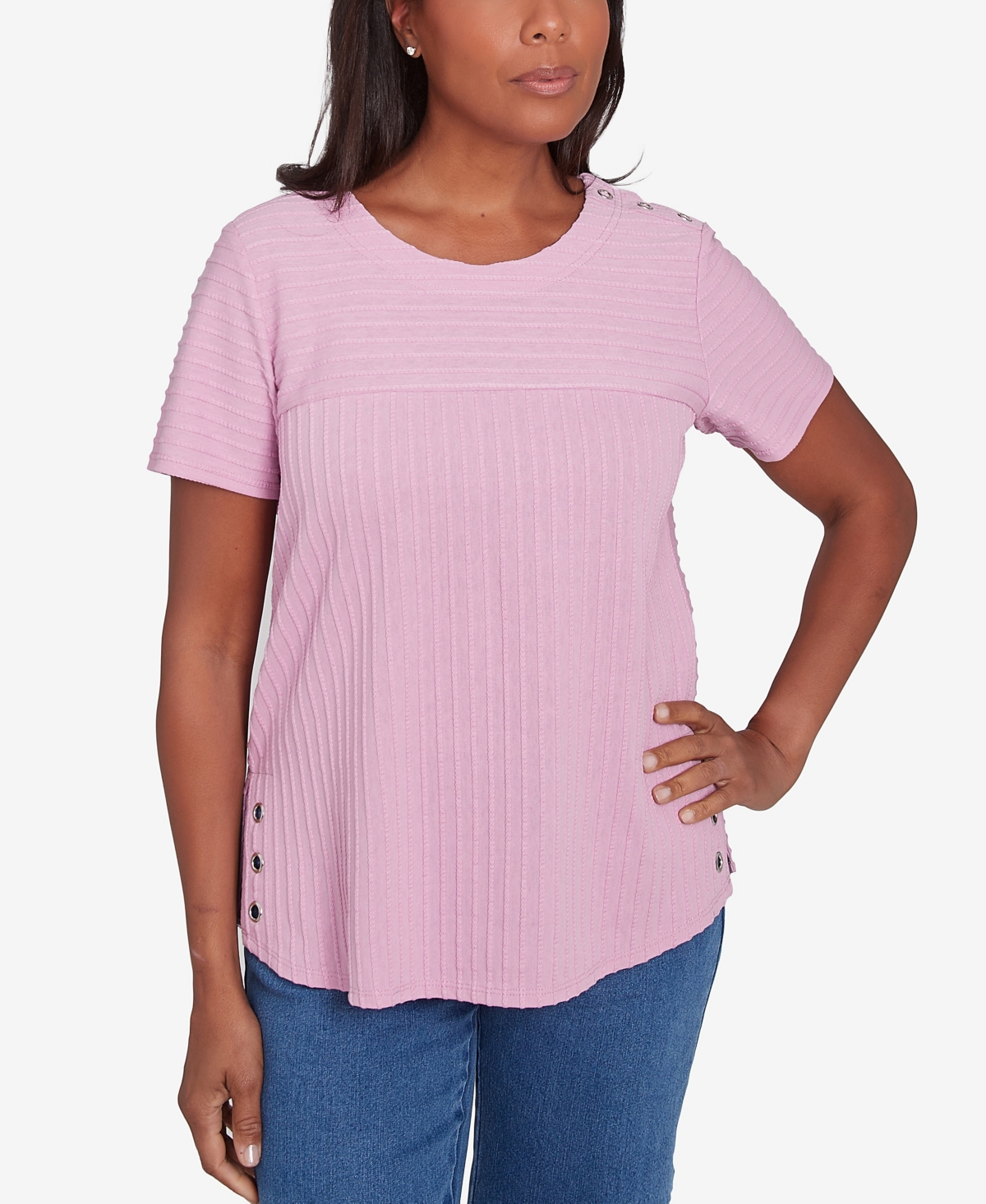 Alfred Dunner Petite Classics Solid Textured Short Sleeve T-shirt In Peony