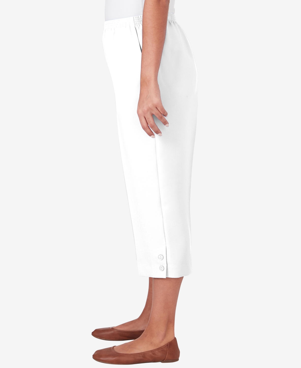 Alfred Dunner Petite Classic Stretch Waist Accord Button Hem Capri Pants In White