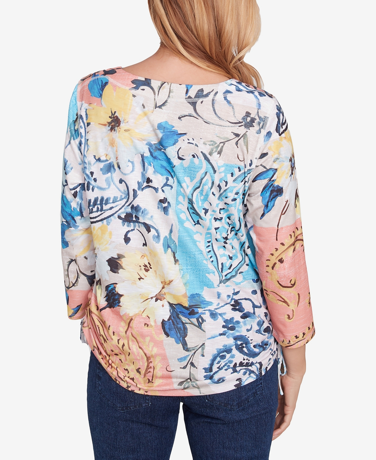 Alfred Dunner Petite Classics Floral Patch Drawstring Top In Navy Multi