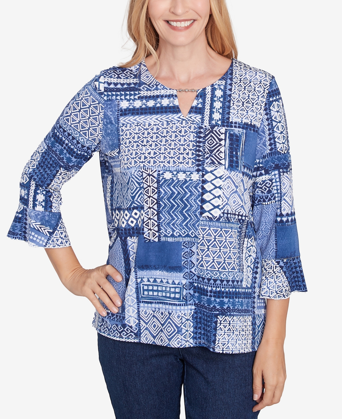Petite Classics Beaded Split Neck Patchwork Top - Denim