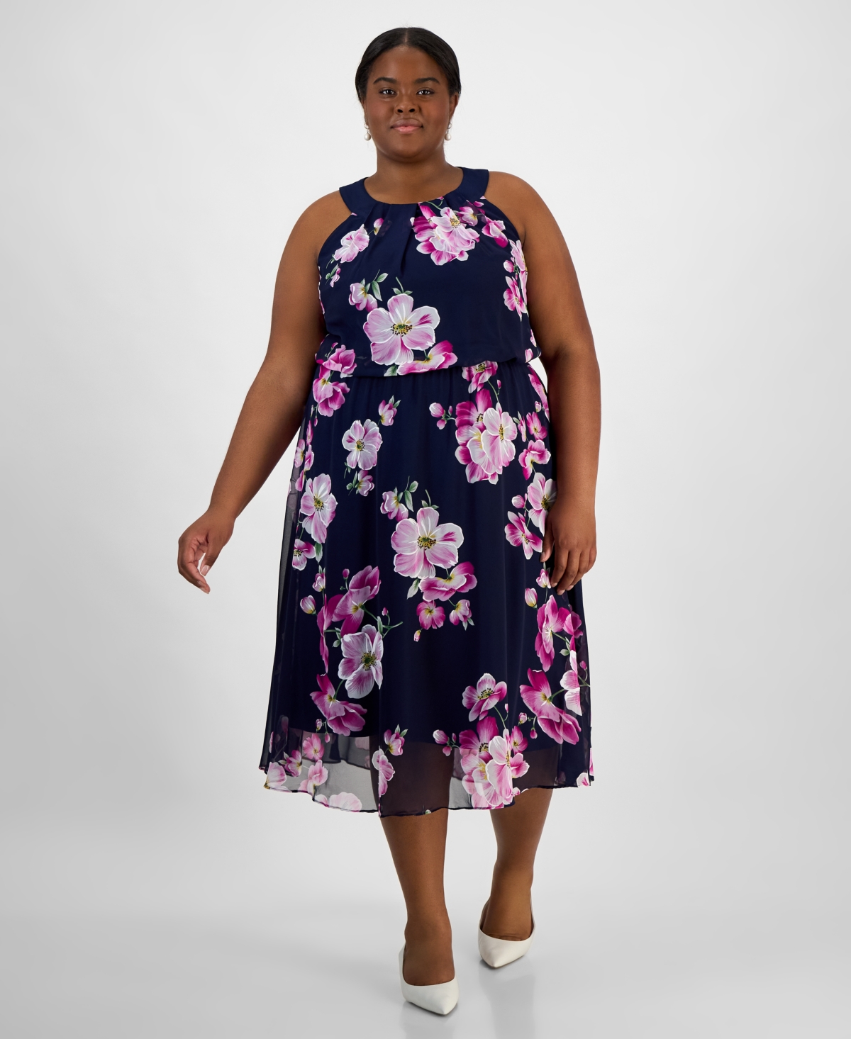 Plus Size Printed Chiffon Halter Midi Dress - Navy Orchid