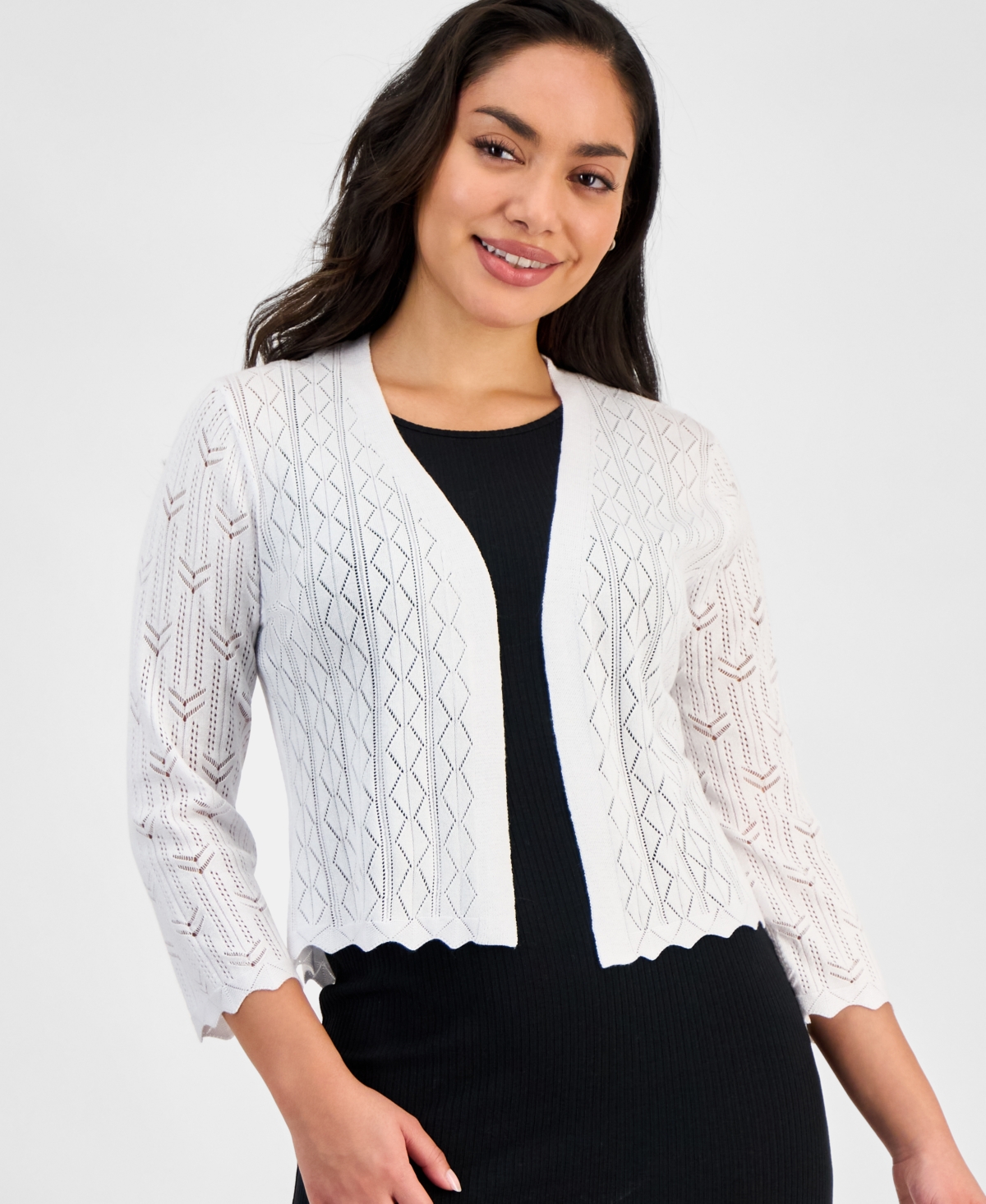 Robbie Bee Petite Pointelle Knit 3/4-sleeve Open-front Shrug In White