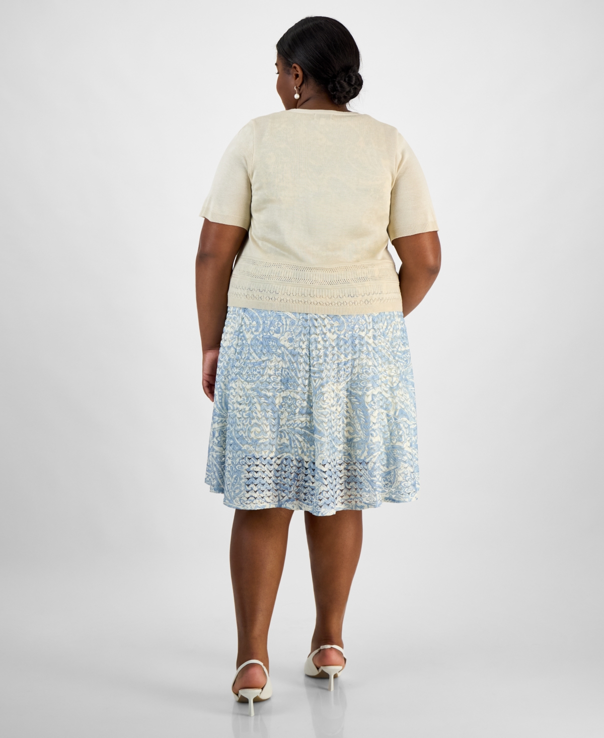 ROBBIE BEE PLUS SIZE POINTELLE KNIT SHRUG & PRINTED A-LINE DRESS SET 