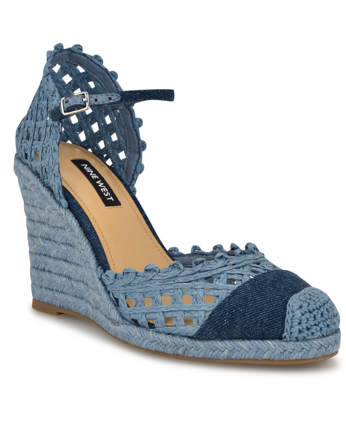 Nine West Mckinly Ankle Strap Wedge Sandal In Blue Denim