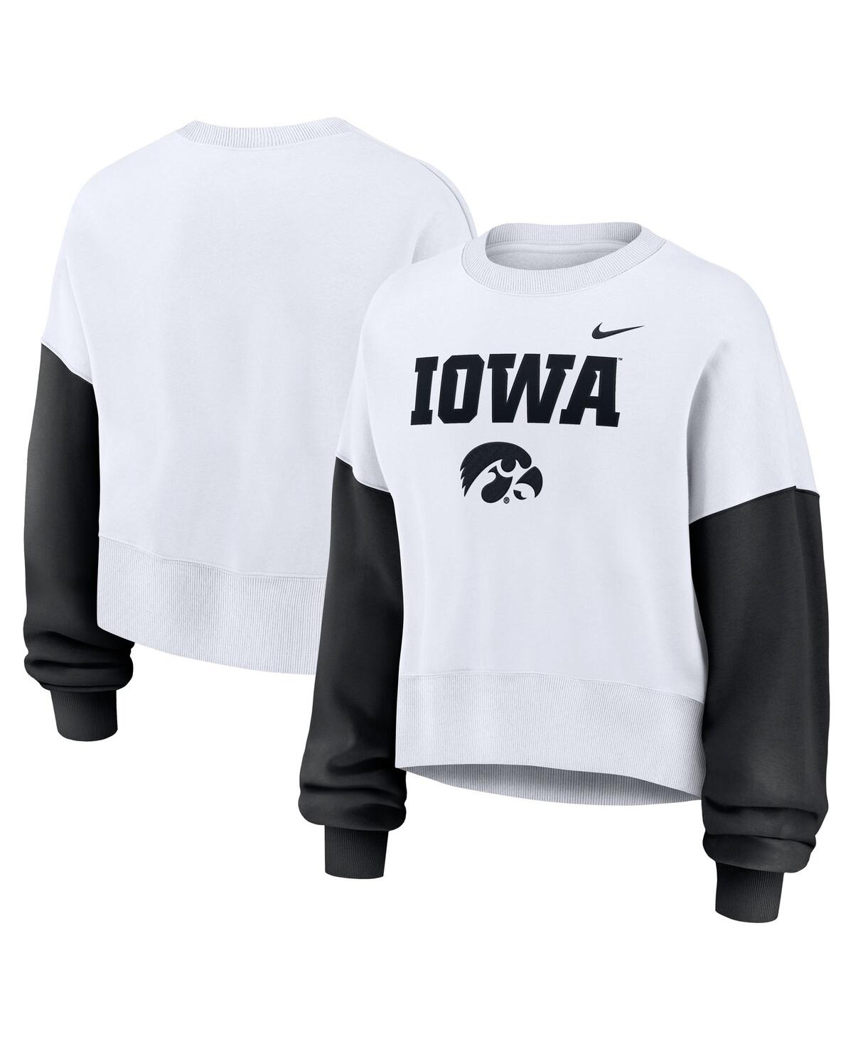 Nike Women's White Iowa Hawkeyes Color-block Oversized Cropped Pullover Sweatshirt In White