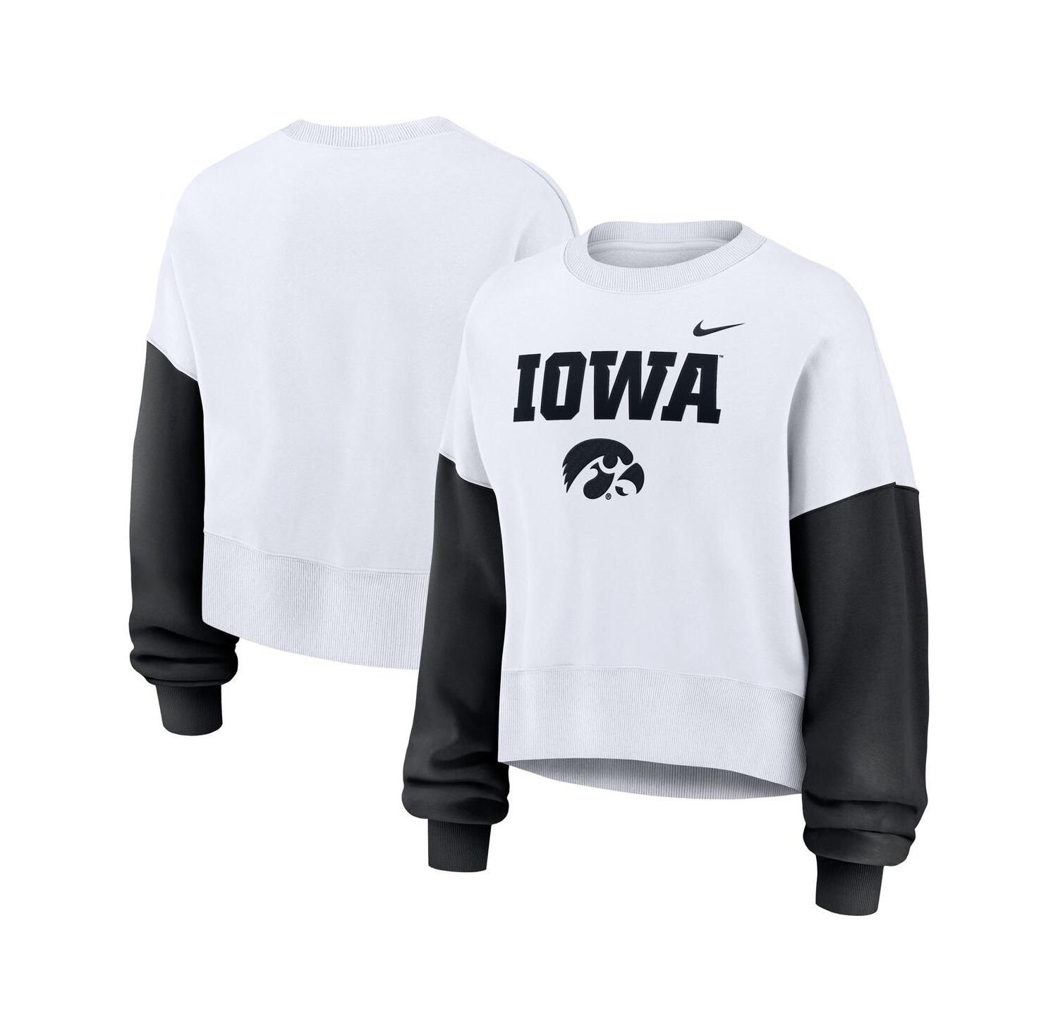 Women's White Iowa Hawkeyes Color-Block Oversized Cropped Pullover Sweatshirt