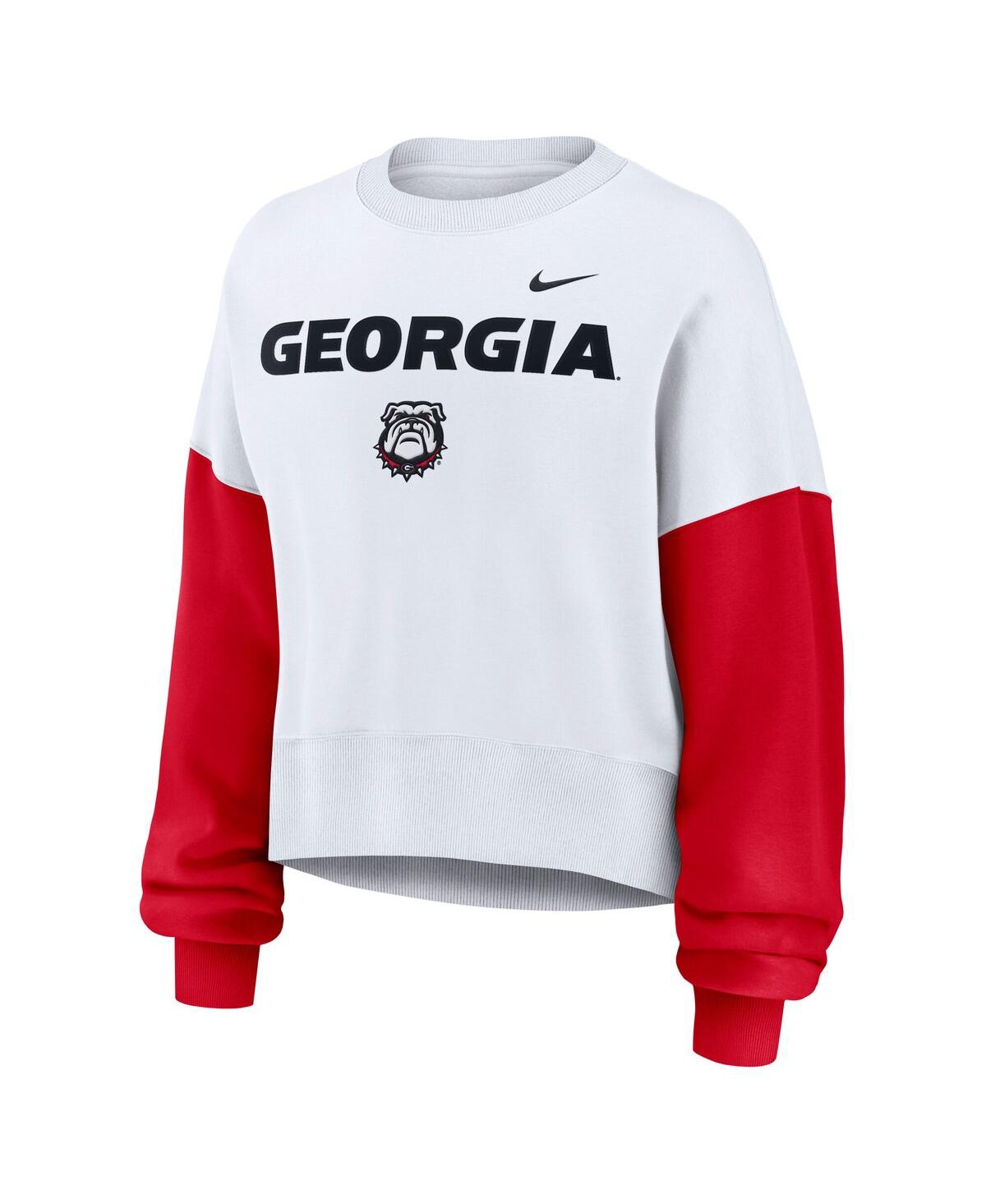 Nike Women's White Georgia Bulldogs Color-block Oversized Cropped Pullover Sweatshirt In White
