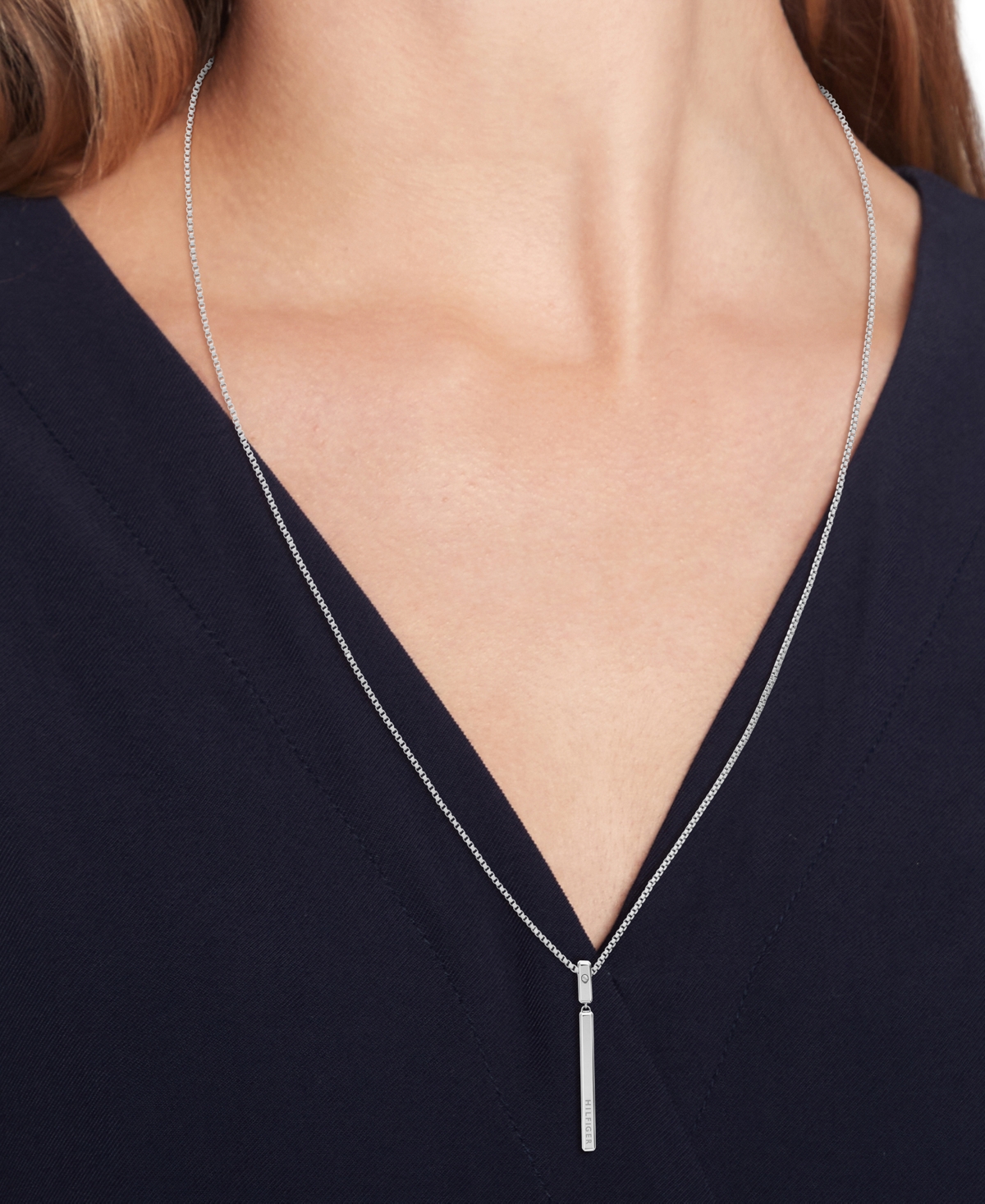 Tommy Hilfiger Linear Logo Bar Necklace, 26" + 2" Extender In Silver