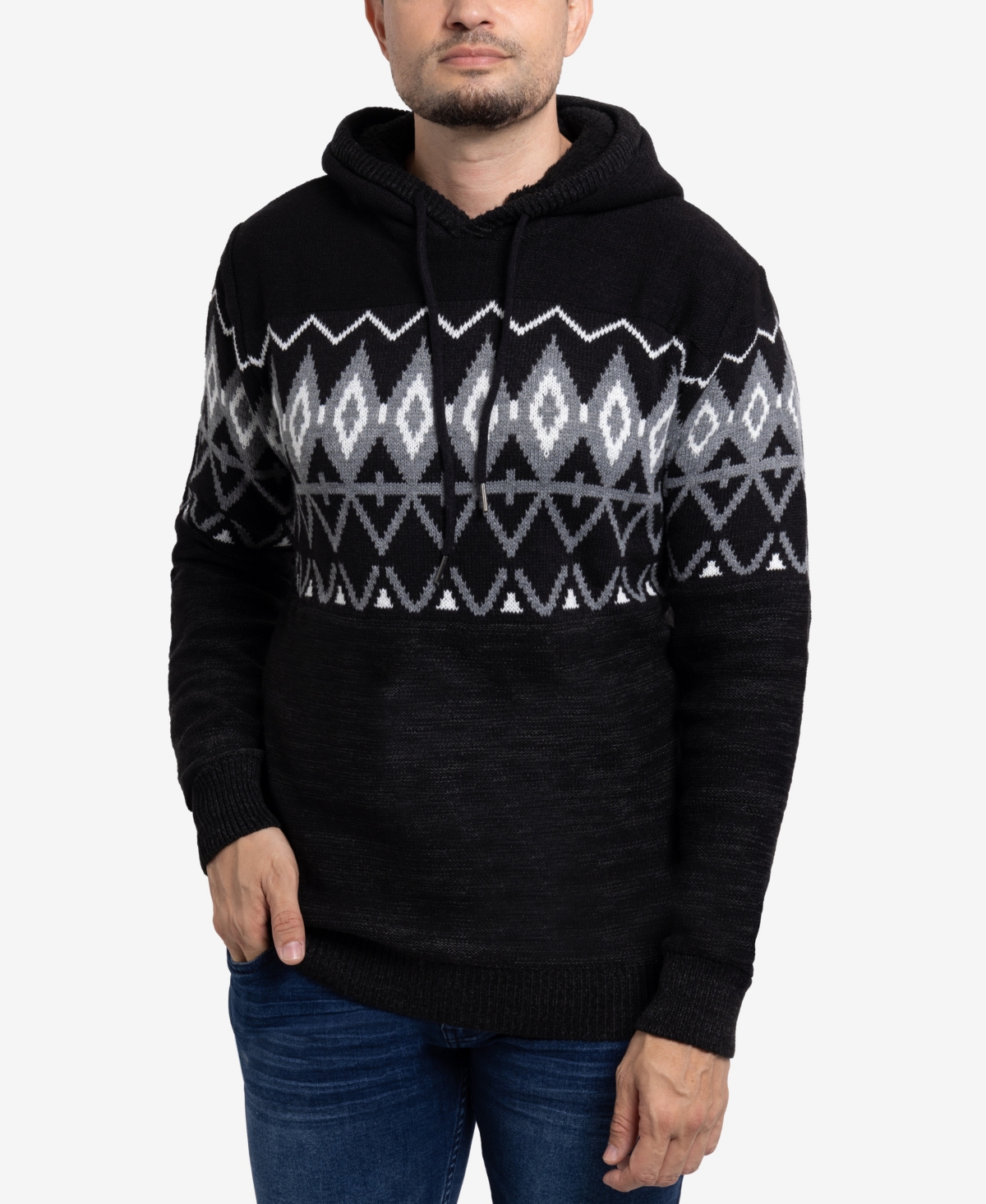 Men's Color Blocked Pattern Hooded Sweater - Black