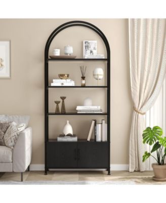 4 Tier Bookshelf, Arched Bookcase with Doors Storage