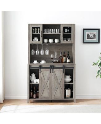 70" Farmhouse Bar Wine Cabinet with Sliding Barn Doors, Coffee Liquor Cabinets with Storage Shelves and Glasses Rack for Kitchen, Dining Room