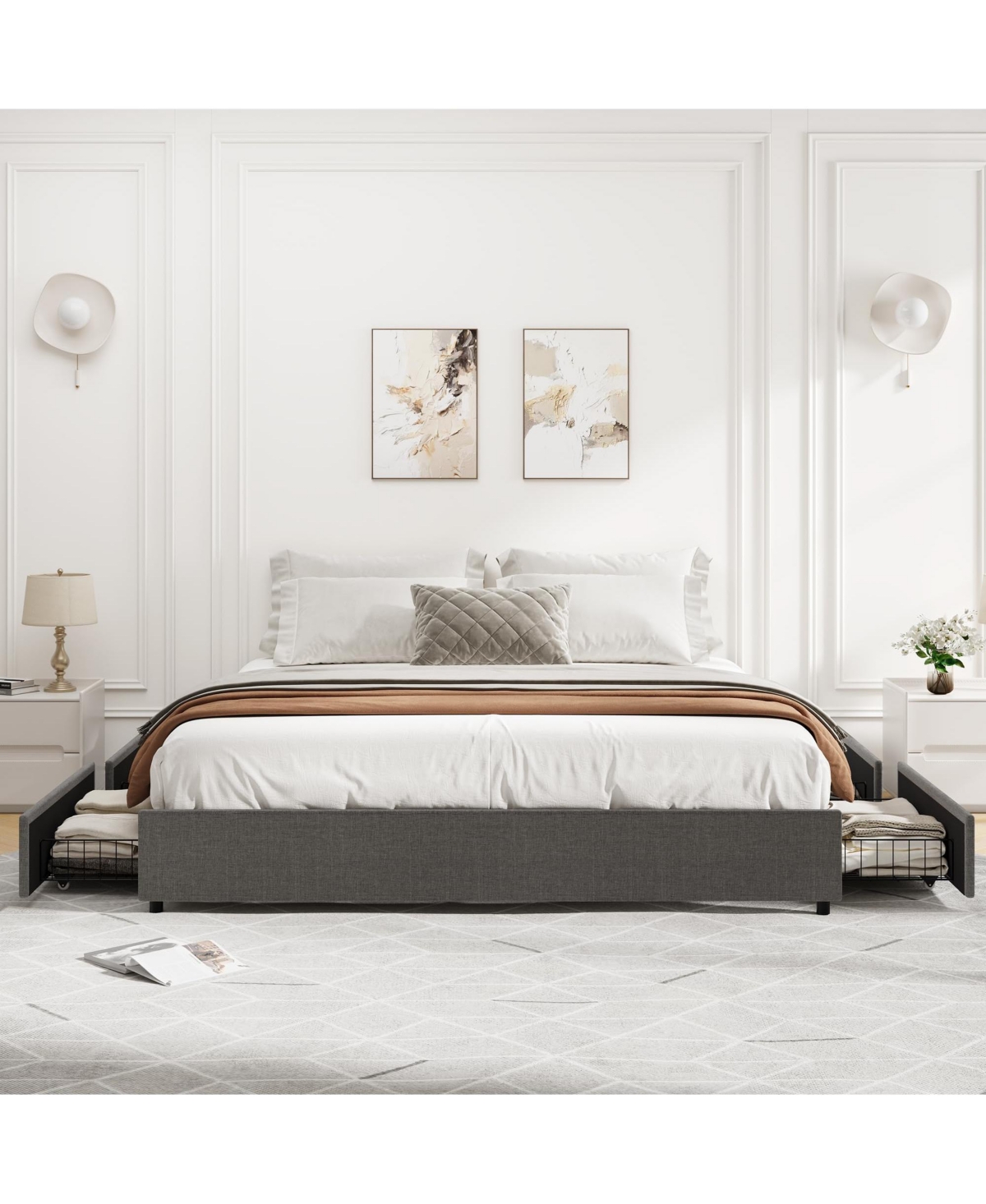 gaomon King Bed Frame, Platform Bed Frame, Fabric Upholstered with 4 Storage Drawers