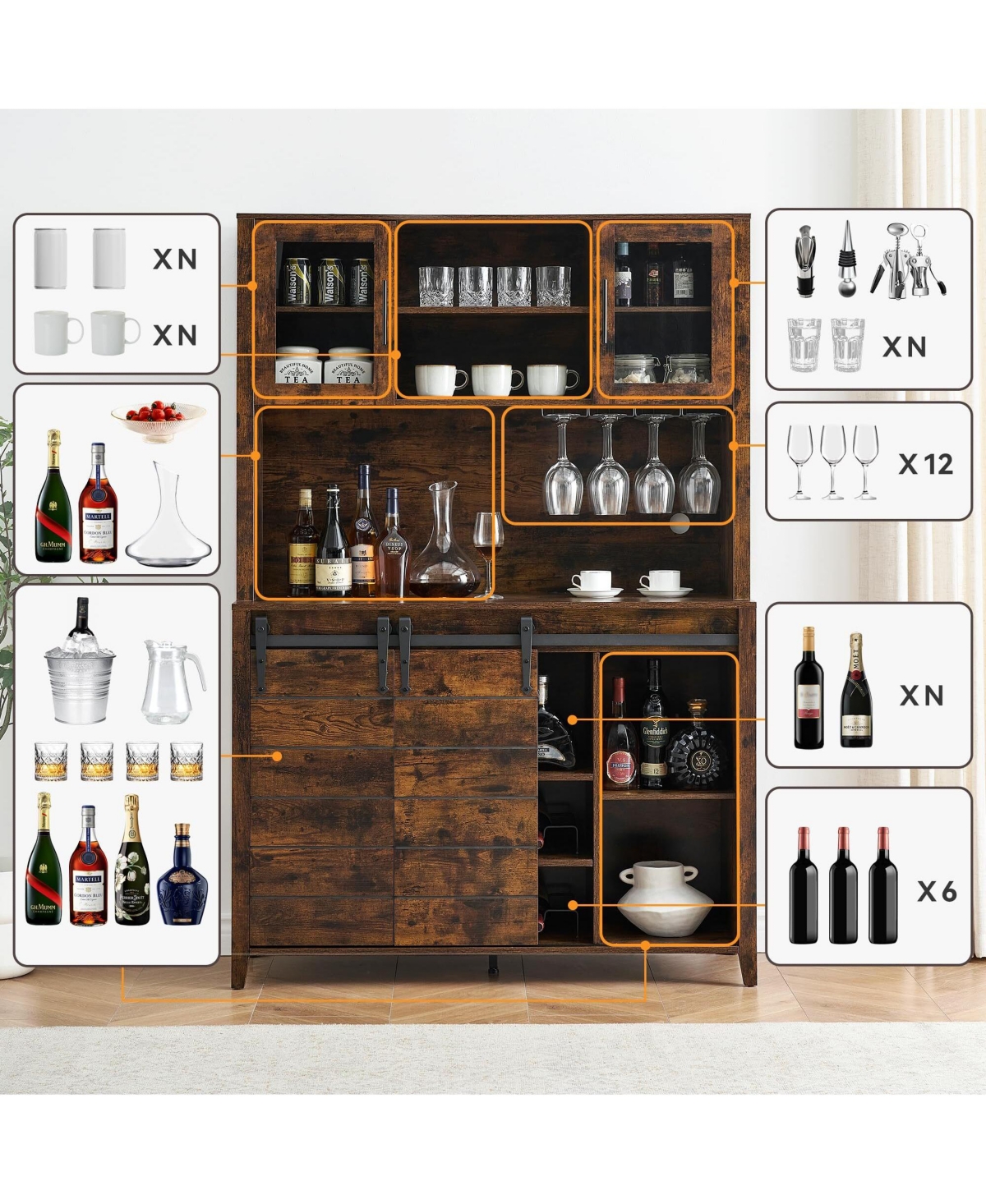 gaomon 70'' Tall Farmhouse Coffee Bar Cabinet, Kitchen Hutch Storage with Sliding Barn Door, Kitchen Buffet with Wine Rack, Glass Holder