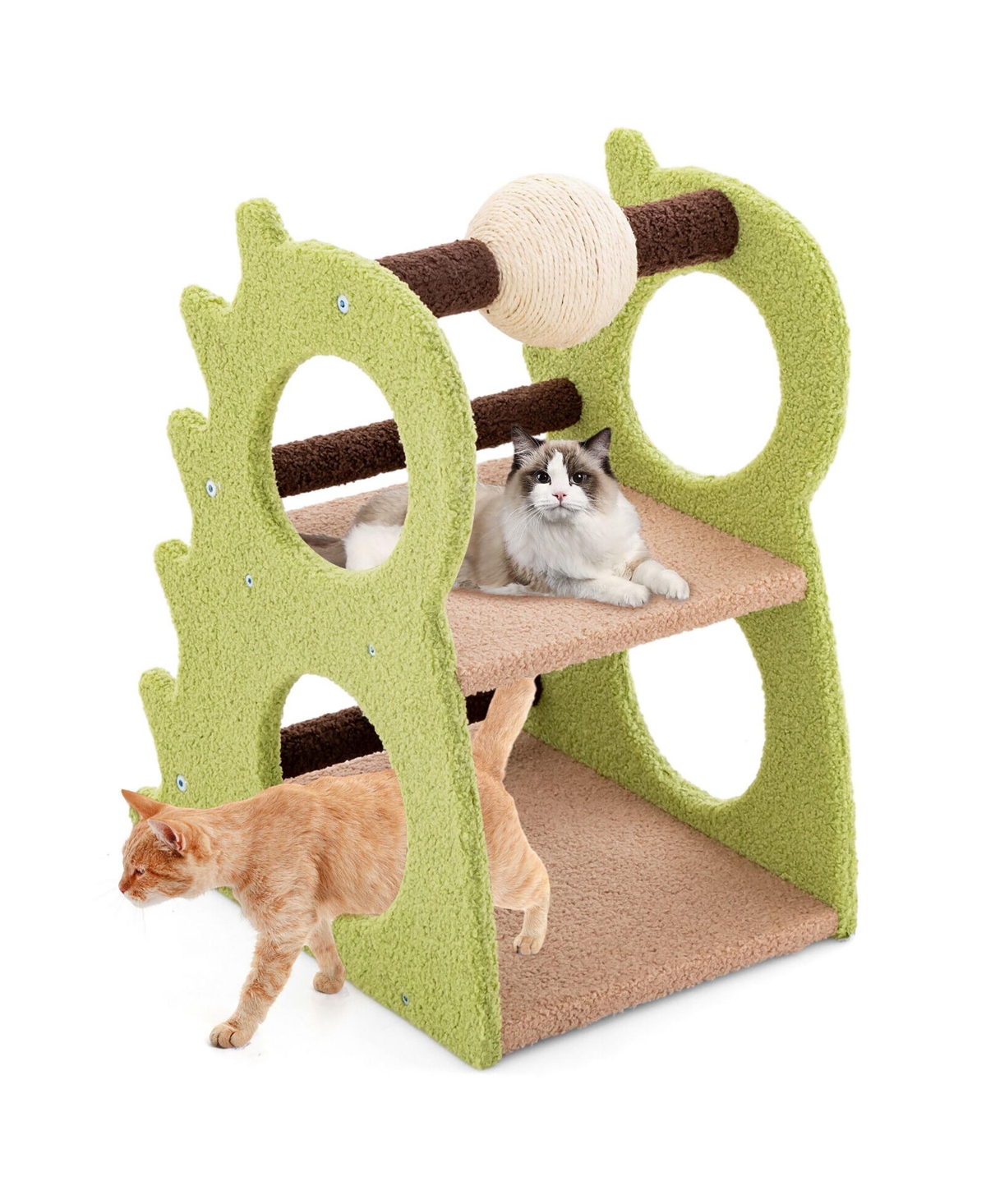 2-Tier Dinosaur Cat Tree Tower w/ Rotating Scratching Sisal Ball Climbing Rods - Green+beige