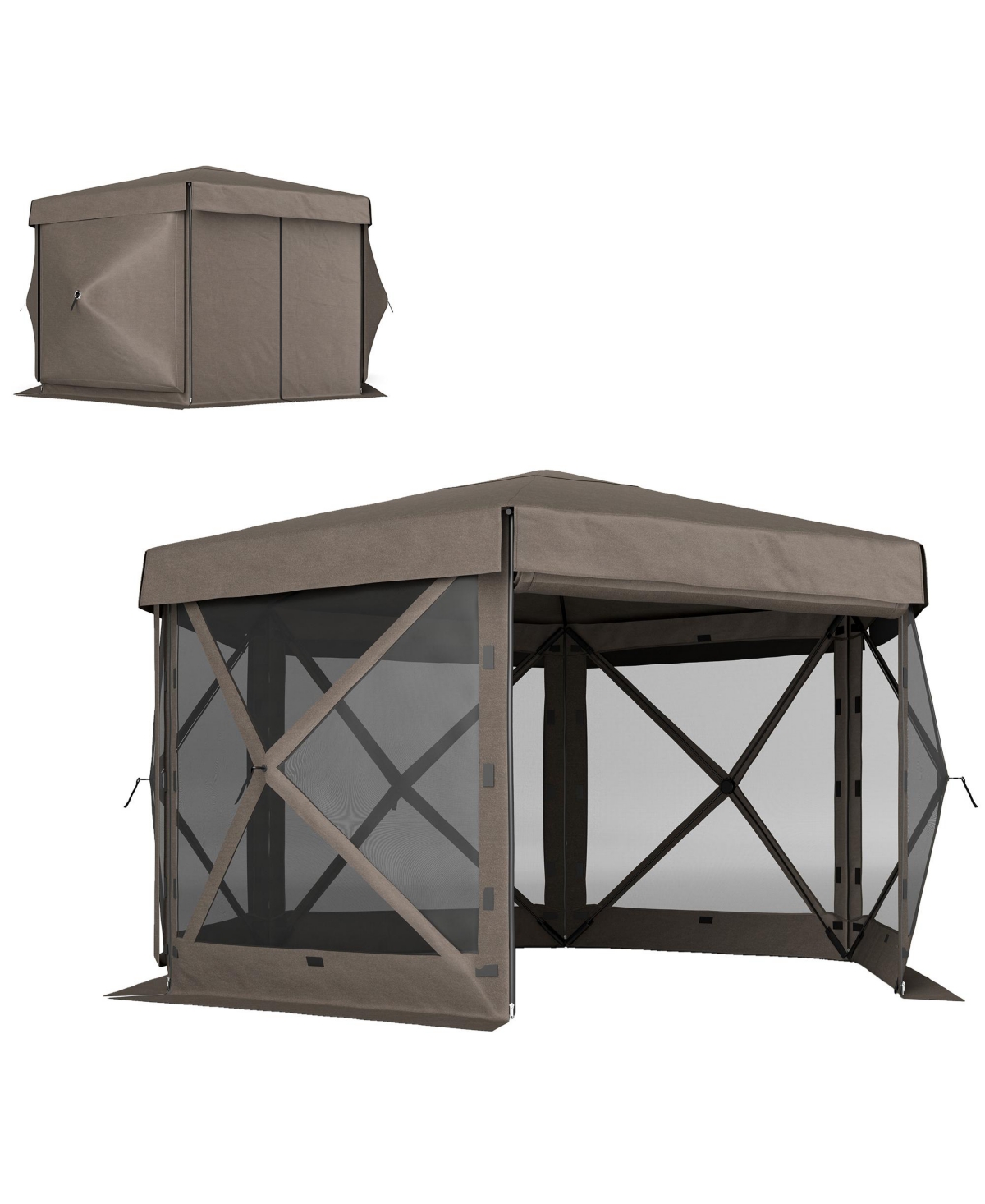 12' x 12' Hexagonal Pop Up Gazebo, Outdoor Canopy Tent - Brown