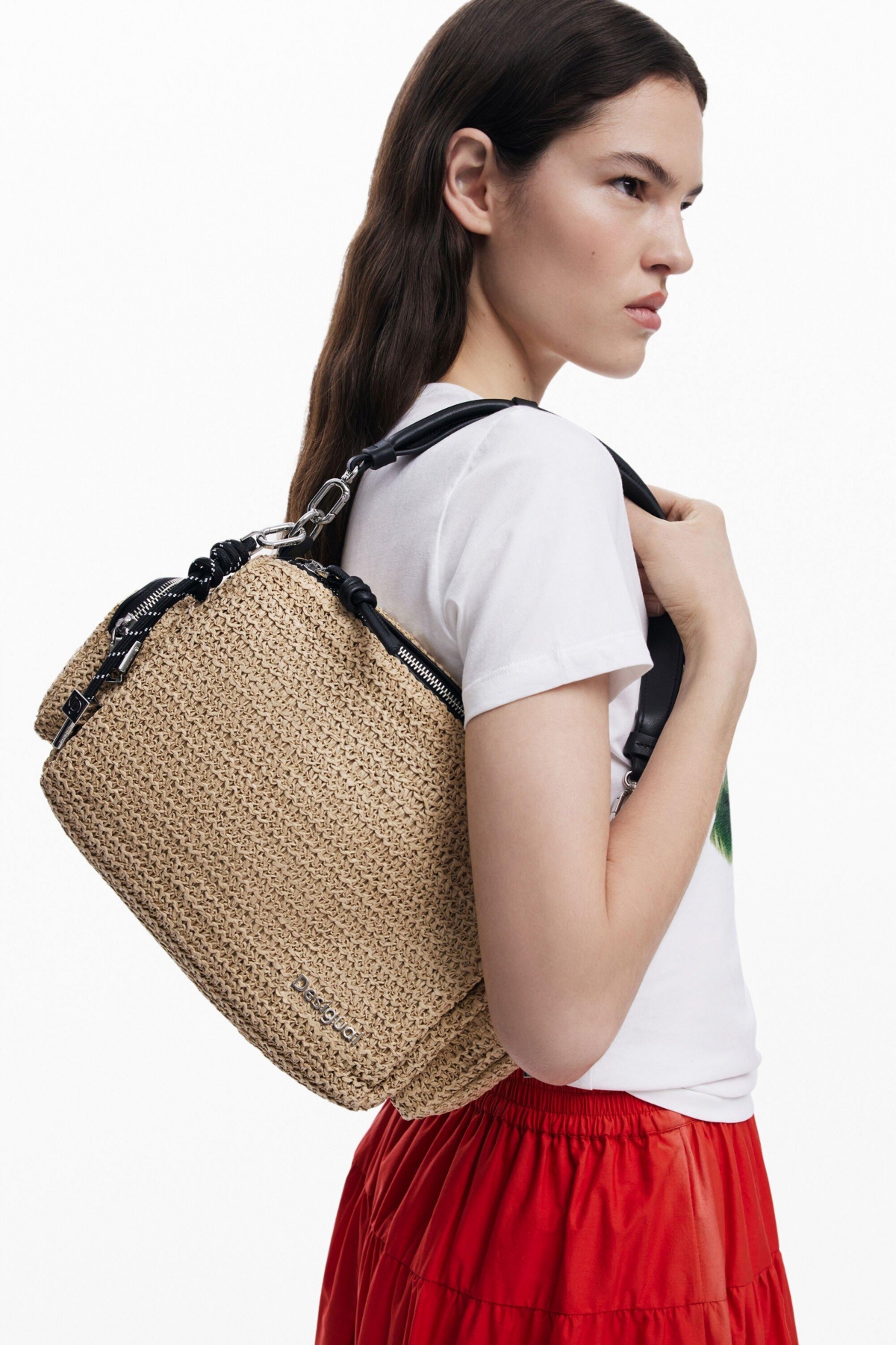 Desigual Small Raffia Bag In Dark Beige