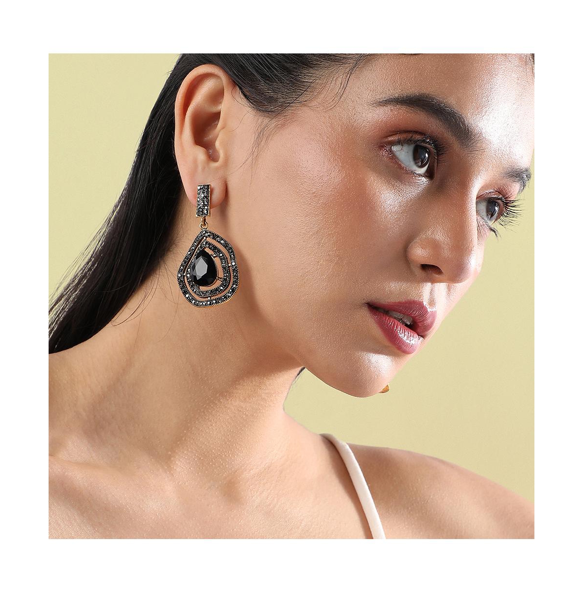 Sohi Embellished Lined Teardrop Earrings In Black