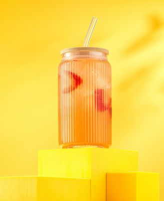 Fluted Glass Tumblers with Bamboo Lids and Straws, Set of 4