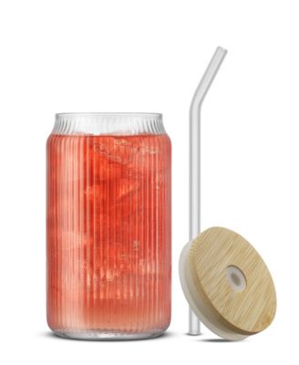Fluted Glass Tumblers with Bamboo Lids and Straws, Set of 4