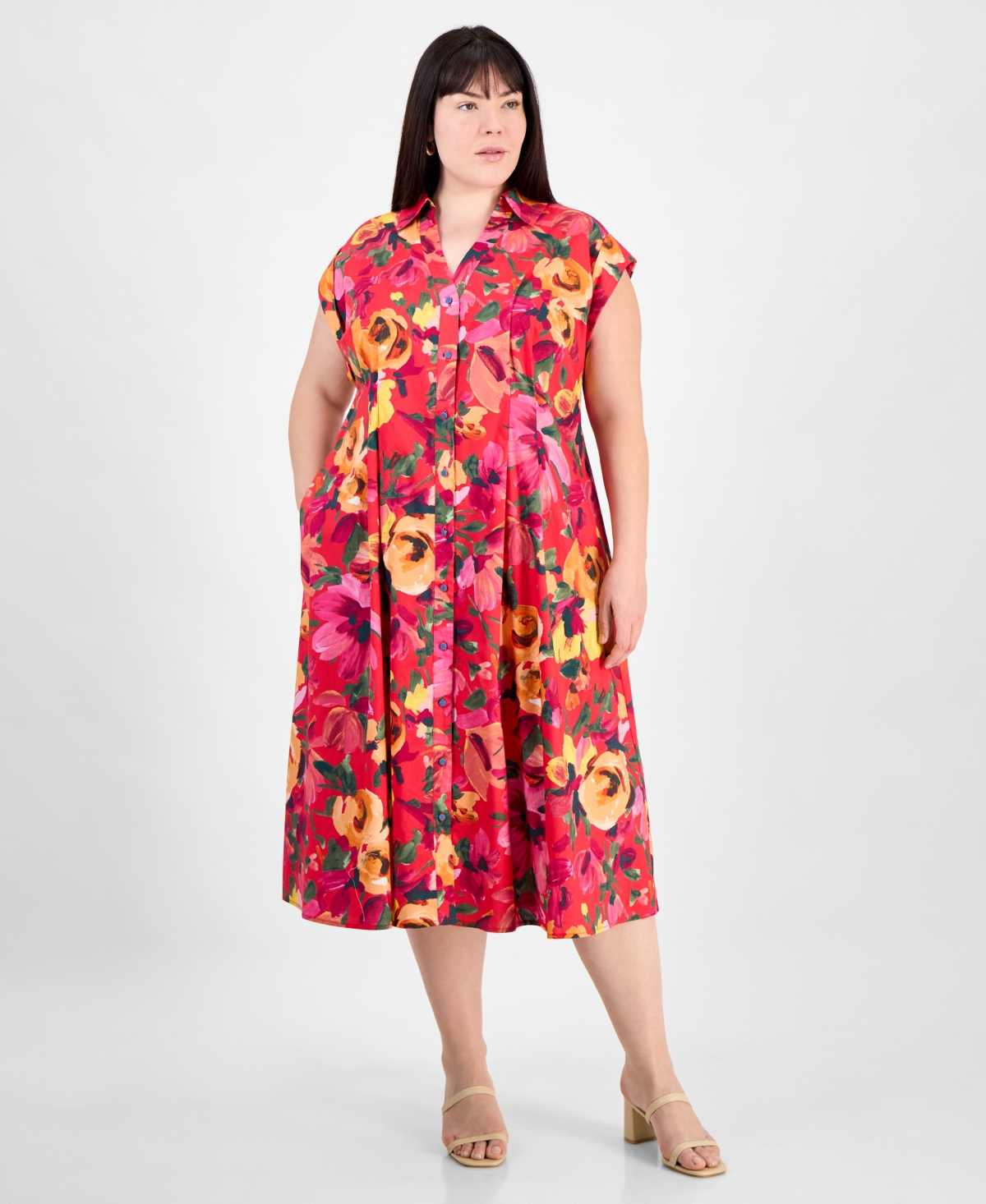Plus Size Floral-Print Button-Down Shirtdress - Red Multi