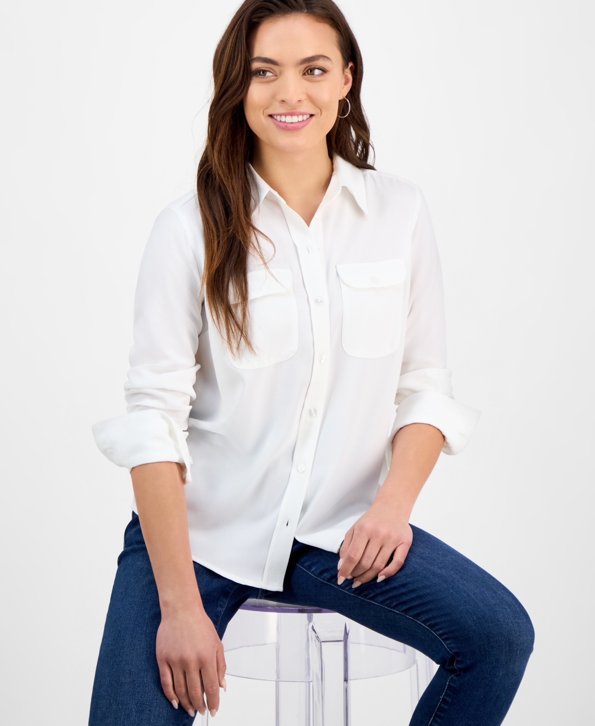 Inc International Concepts Petite Button-pocket Long-sleeve Shirt, Exclusively At Macy's In White