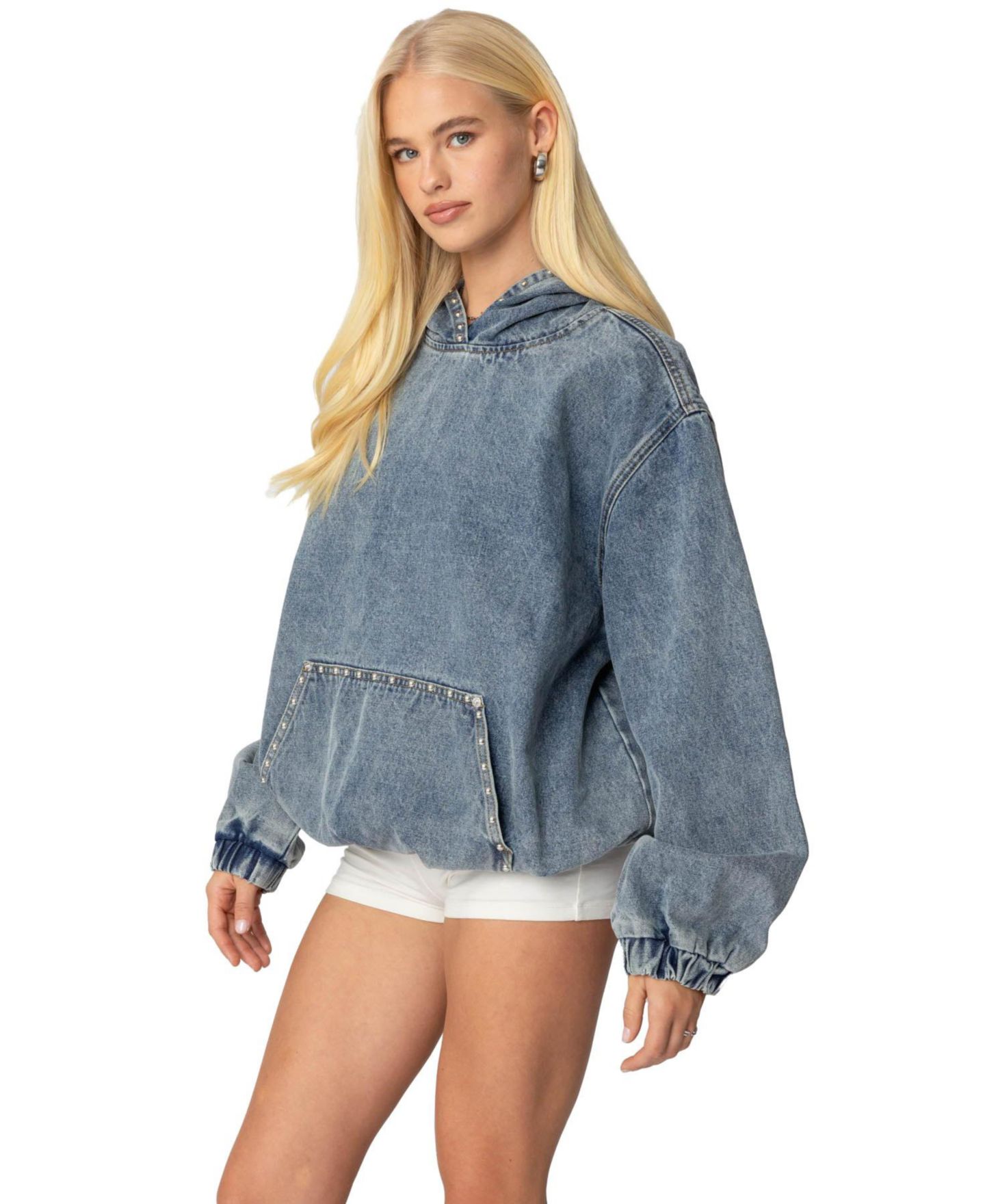 Женское худи Edikted Marney Oversized Studded Denim, цвет: Синий — фото 3