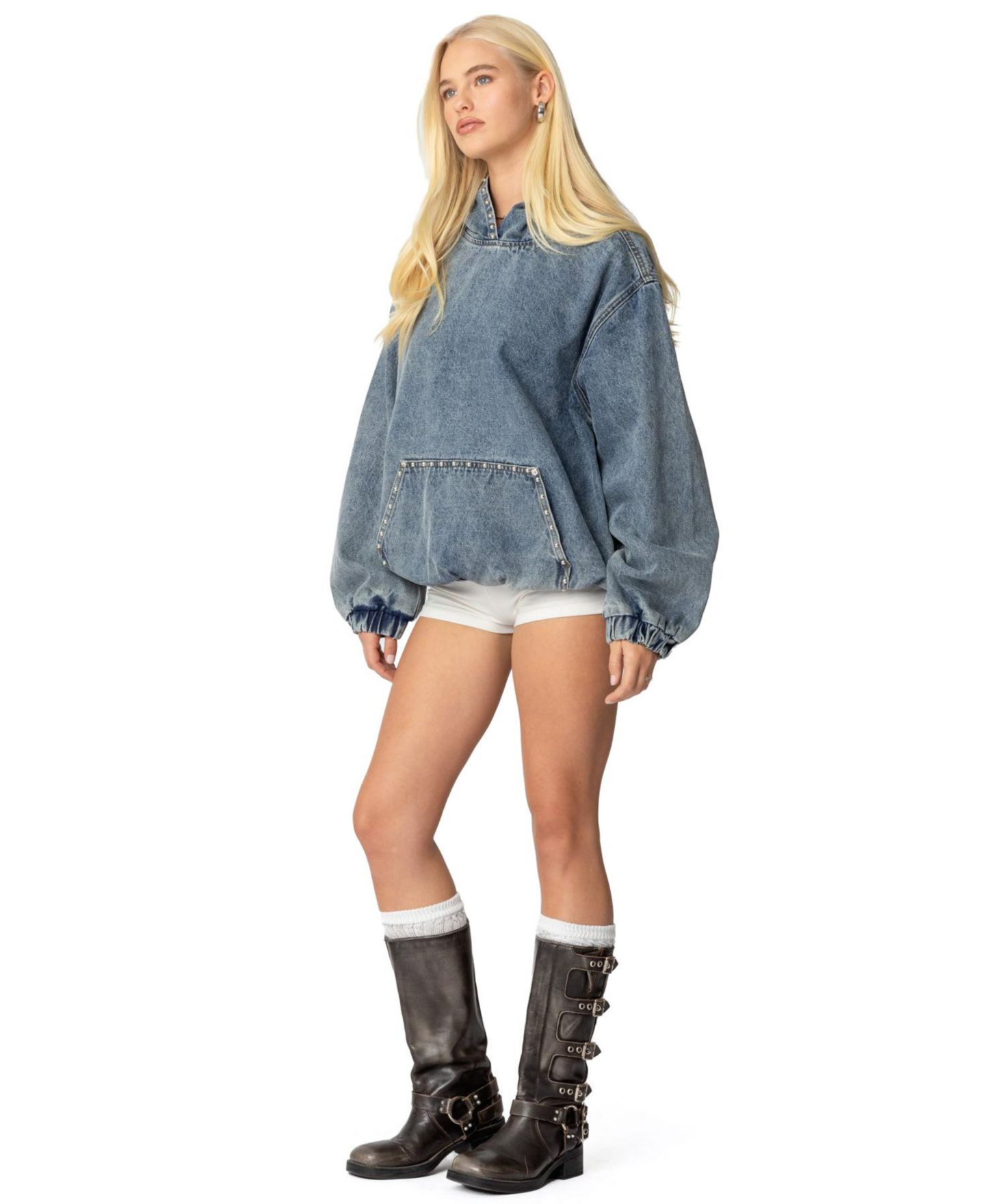 Женское худи Edikted Marney Oversized Studded Denim, цвет: Синий — фото 5