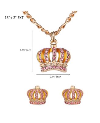 Crown Pendant Necklace & Stud Earrings Set - Pink Crystal Embellished