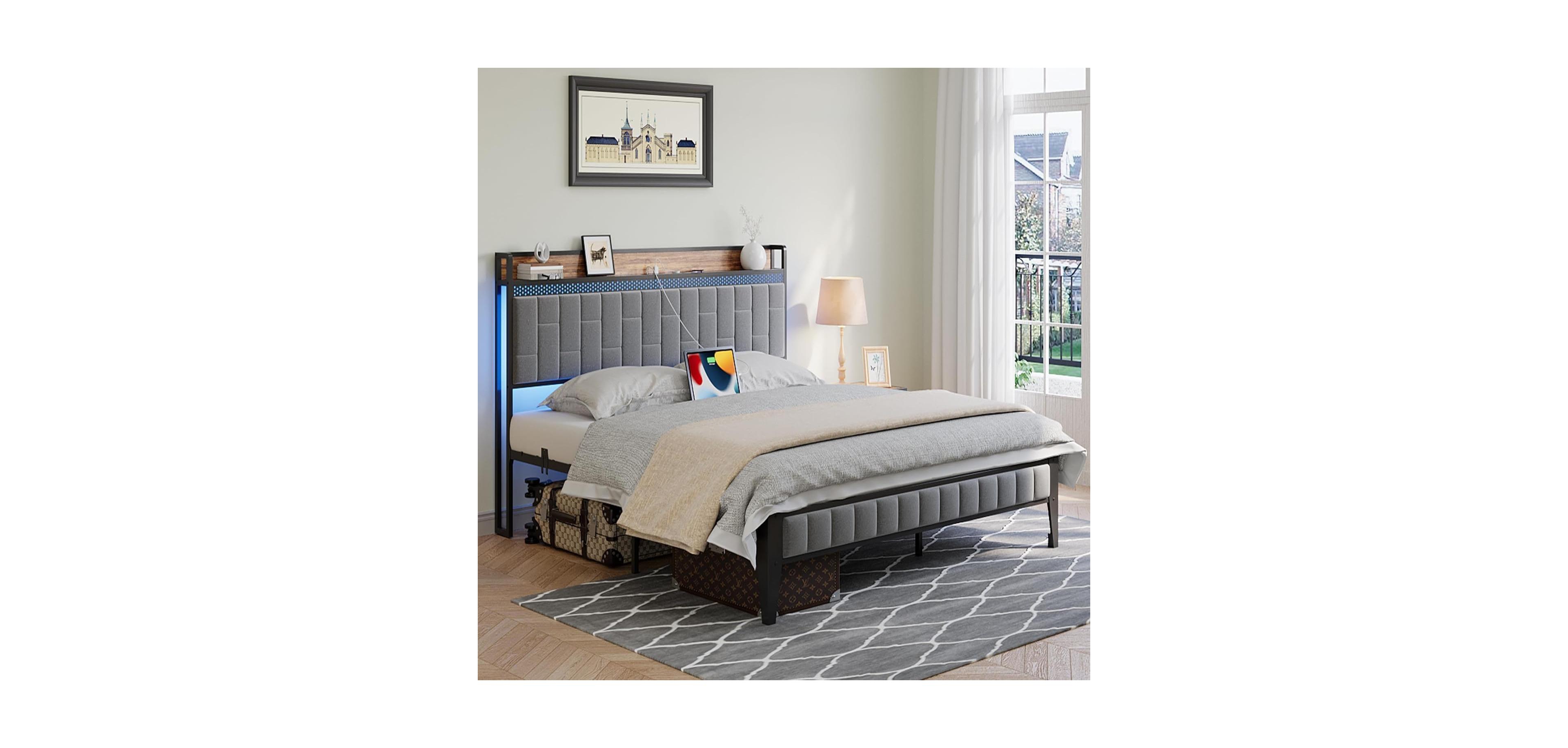 gaomon Queen Size Bed Frame with Led Light and Charging Station, Upholstered Platform Bed with Storage Headboard, Metal Slat, Noise Free, Easy Assembl