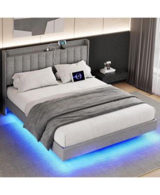 Queen Size Floating Bed Frame with LED Lights, Upholstered Platform Bed Frame with Charging Station & Storage Headboard, No Box Spring Needed
