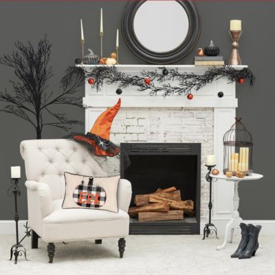 Franklin Plaid Black Pumpkin "Eek" Spider Web Halloween Linen Accent Pillow, 14" x 22"