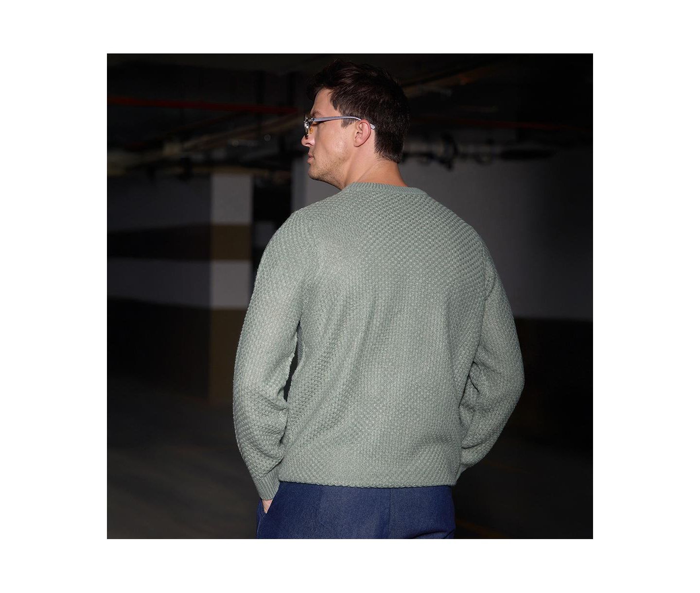 Мужской свитер Campus Sutra Sage Green Textured Knit Pullover, цвет: Шалфейный зелёный — фото 4