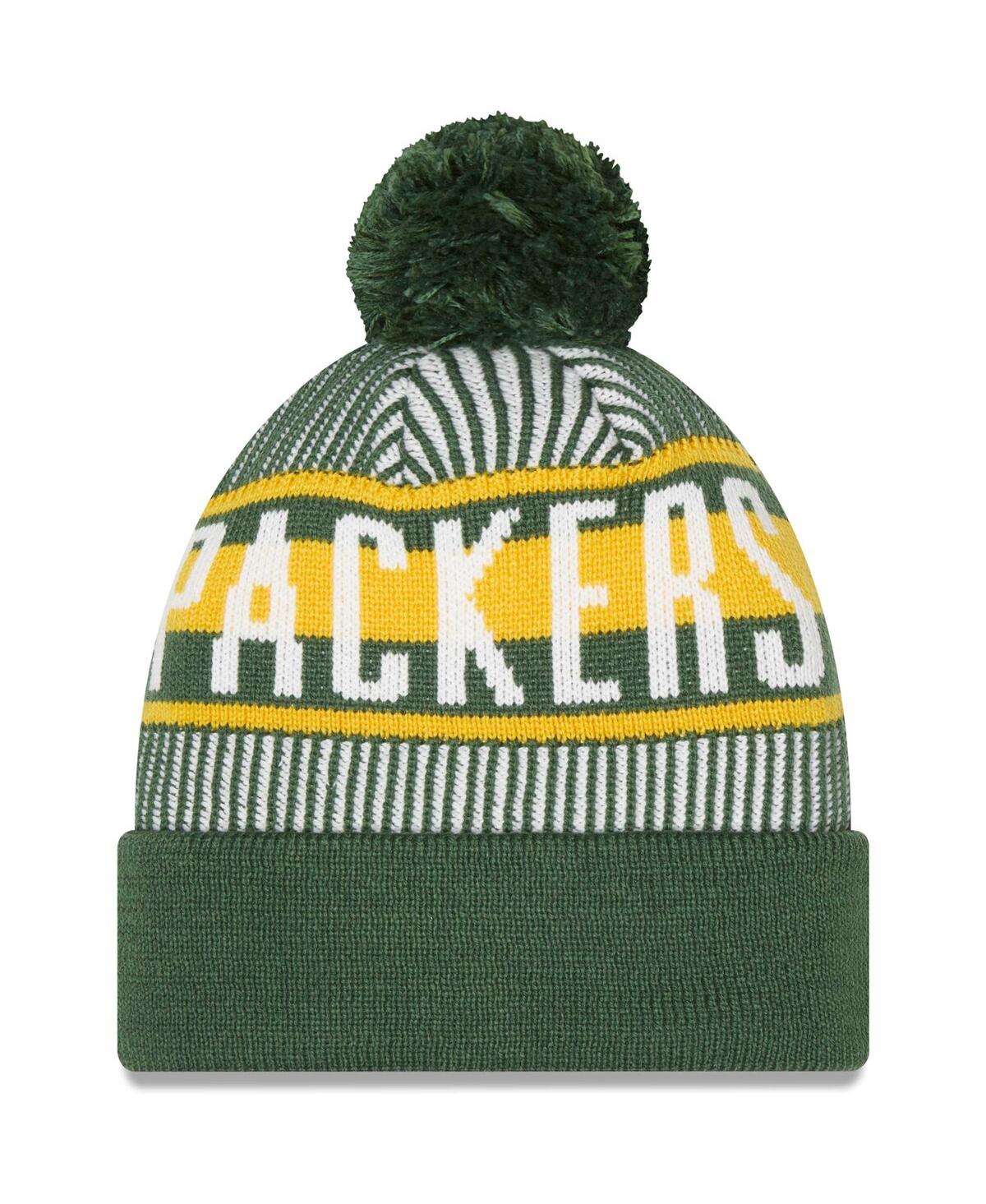 NEW ERA MEN'S GREEN GREEN BAY PACKERS STRIPED CUFFED KNIT HAT WITH POM 