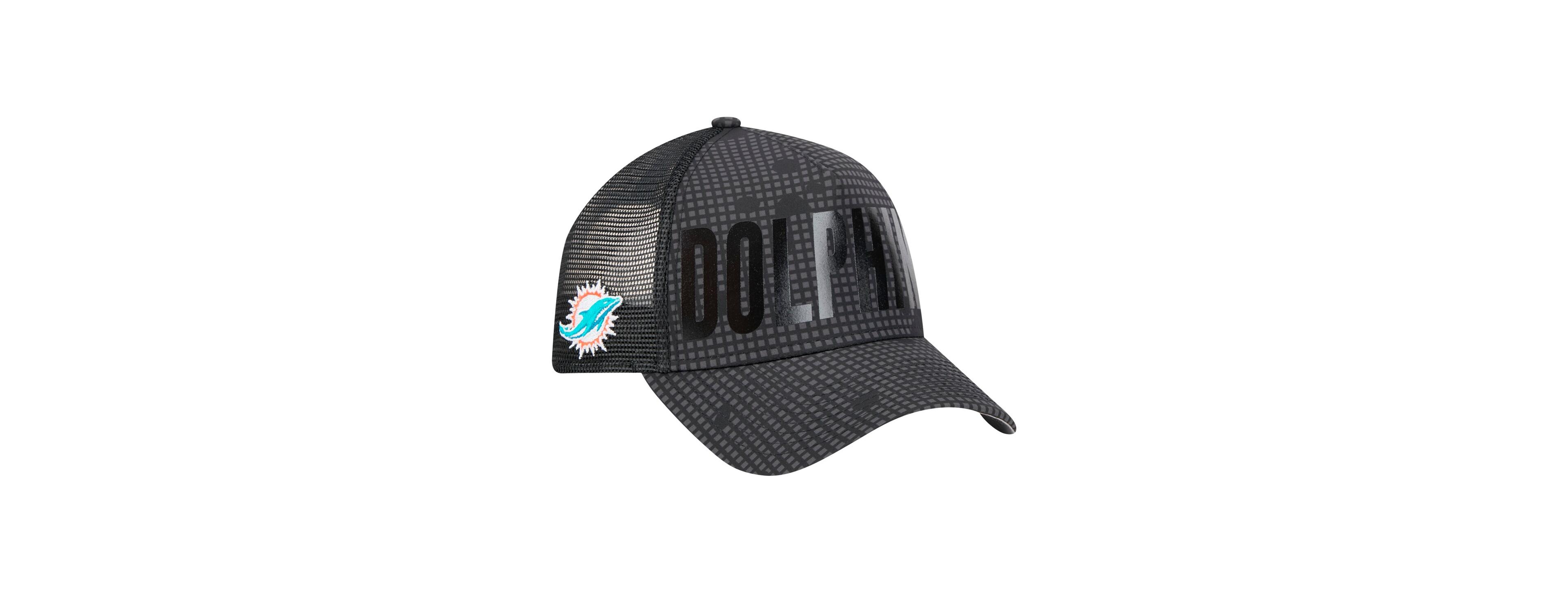 New Era Men's Black Miami Dolphins Midnight Ink Tonal Text A-Frame Trucker 9FORTY Adjustable Hat