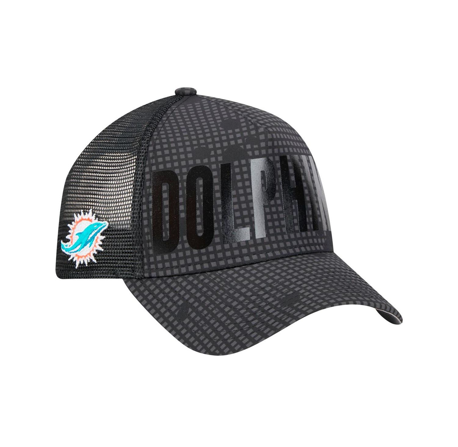 Men's Black Miami Dolphins Midnight Ink Tonal Text A-Frame Trucker 9FORTY Adjustable Hat