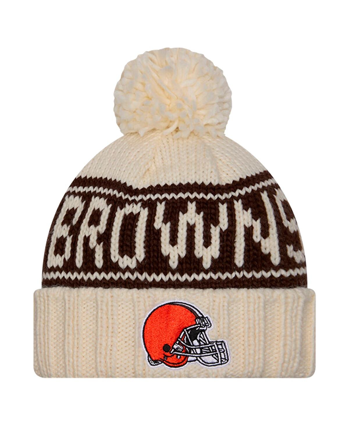 New Era Women's Cream Cleveland Browns 2024 Sideline Cuffed Knit Hat With Pom In Cream