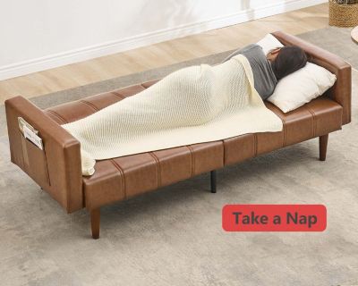 75" Futon Sofa Bed, Mid-Century Modern Futon Couch, Convertible Sleeper Sofa with Adjustable Backrest, Loveseat, Small Sofa with Side Pockets, PU Leather Sofa Couch for Living Room, Brown