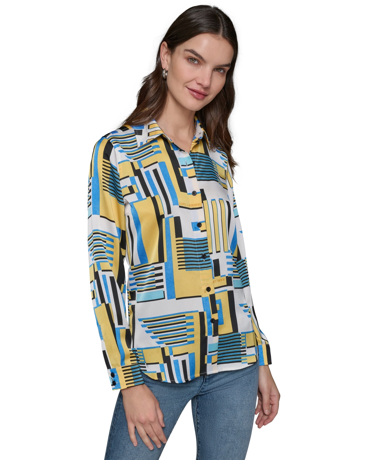 Shop Karl Lagerfeld Petite Printed Button-front Shirt In Daffodil Multi